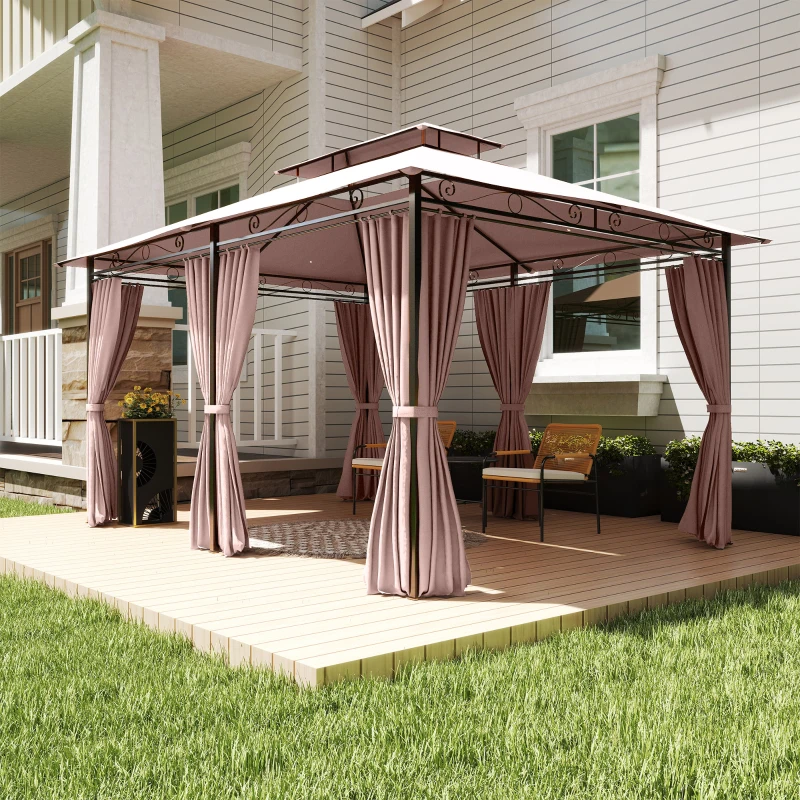 Outsunny 10' x 13' Patio Gazebo, Outdoor 2-Tiers Garden Canopy Yard Sunshade Shelter with Curtains, Khaki