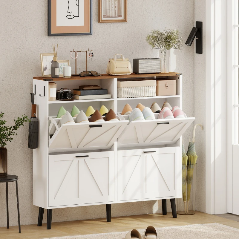 HOMCOM Shoe Storage Cabinet with 4 Flip Drawers, Farmhouse Narrow Shoe Cabinet, Holds Up to 24 Pairs, White