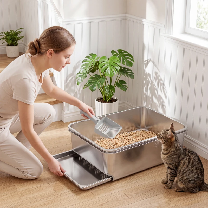 PawHut Stainless Steel Litter Box, XL Sifting Cat Litter Box for Medium, Large Cat, Non-Sticky, Odour Free, Easy Clean, Silver