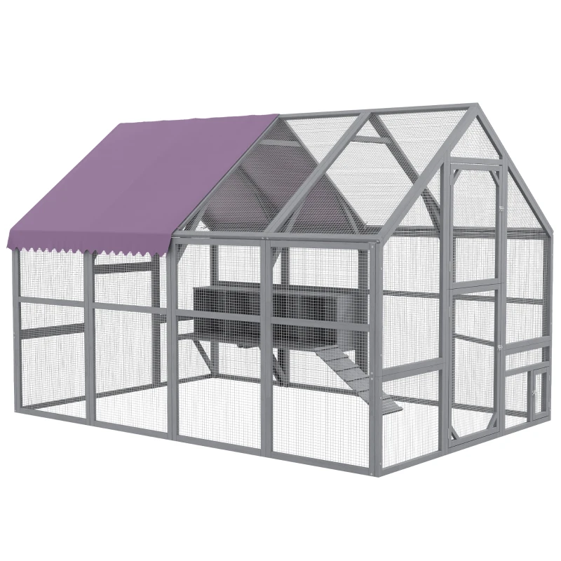 PawHut 9.2' x 6.1' Large Chicken Coop with Nesting Box, Water-Resistant and Anti-UV Cover for 8-12 Chickens, Gray