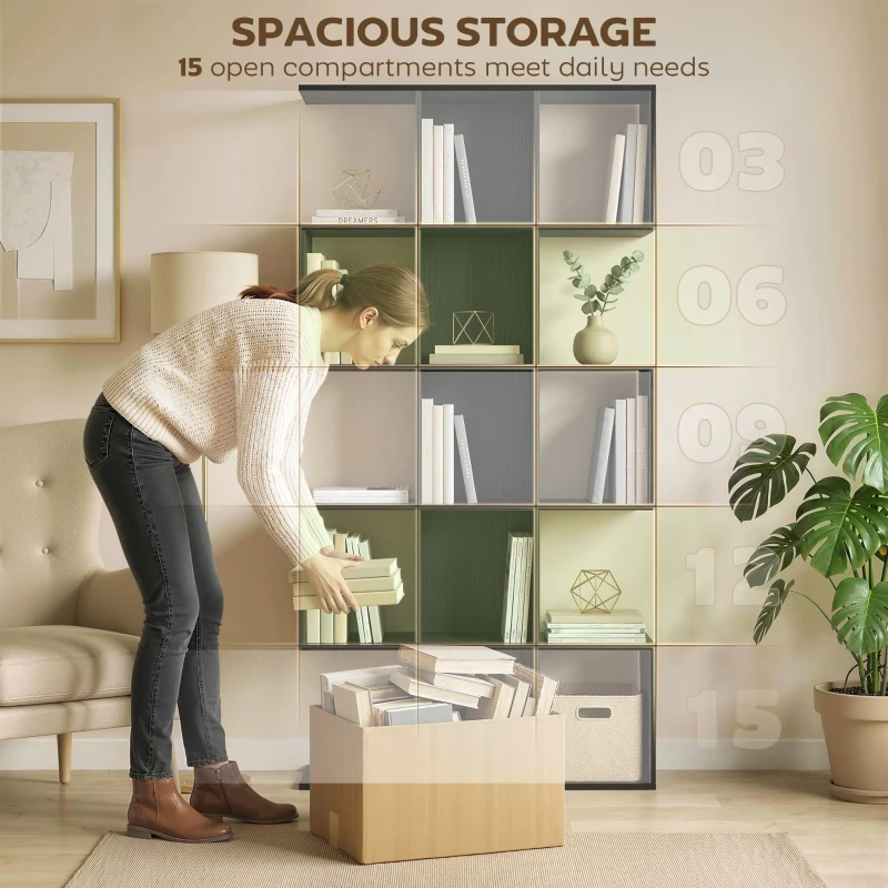 HOMCOM 5-Tier Bookshelf, S Shaped Geometric Bookcase with 15 Compartments, Black Wood Grain