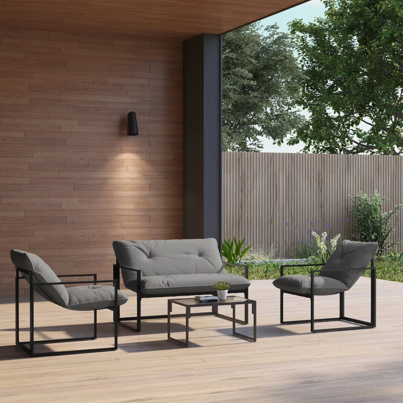 Outsunny 4 Piece Outdoor Furniture Set, Patio Conversation Set with Tempered Glass Table, Loveseat, 2 Chairs and Cushions, Grey