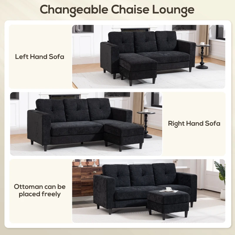 HOMCOM Sectional Sofa, L Shaped Couch with Changeable Chaise, Wooden Legs, Black
