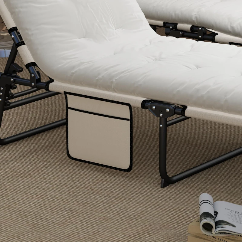 Outsunny 2-Piece Folding Lounge Chairs with Adjustable Backrest, Tanning Chair with Cushion, Side Pocket, Headrest, Beige