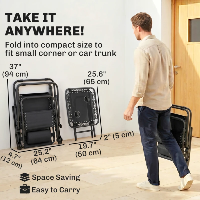 Outsunny Zero Gravity Chair Set of 2 Patio Chair with Side Table Cupholders and Pillows for Pool, Backyard, Lawn, Black