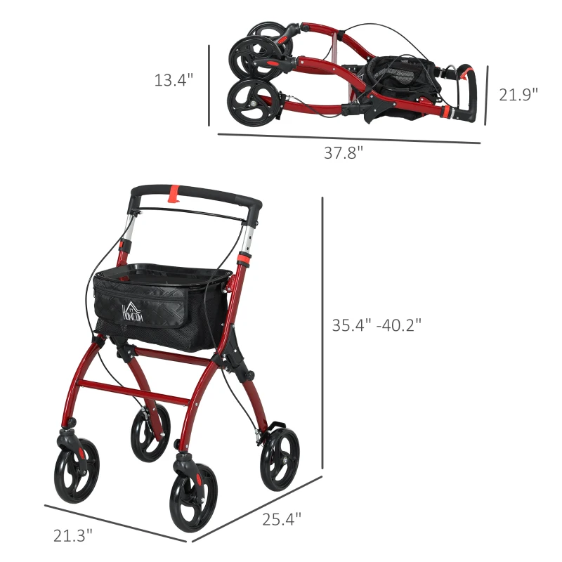 HOMCOM Upright Walker Rollator, Rolling Walker with Storage Bag, Tray, Dual Brakes, Adjustable Height, for Seniors, Red