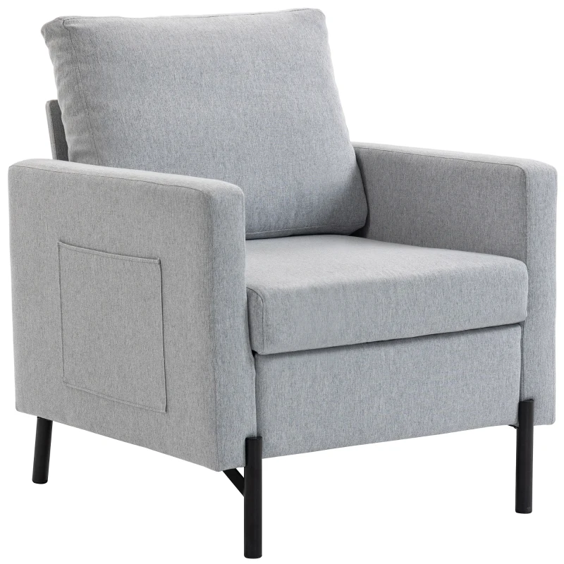 HOMCOM Accent Chair Modern Upholstered Armchair with Side Pockets and Cushion for Bedroom, Living Room, Light Grey