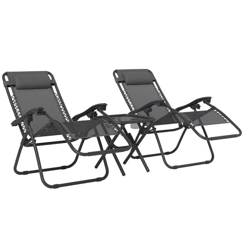 Outsunny Zero Gravity Chair Set of 2 Patio Chair with Side Table Cupholders and Pillows for Pool, Backyard, Lawn, Beach, Grey