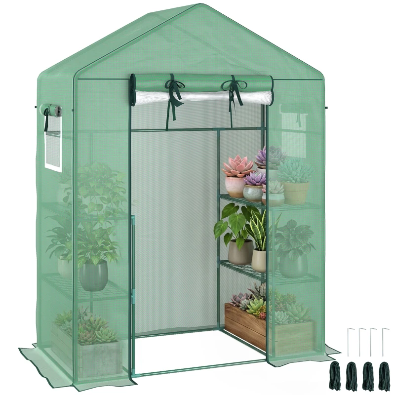 Outsunny Walk-in Mini Greenhouse with Mesh Door & Windows, Portable Garden Green House with 3 Tier Shelves, Water & UV Resistant PE Cover, Green