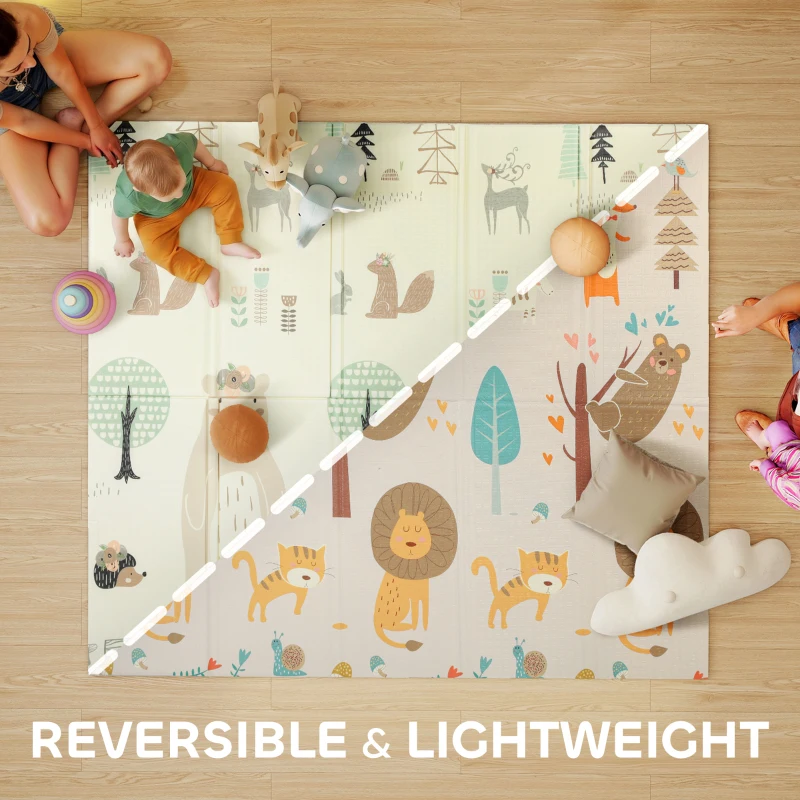 Qaba Double Sided Baby Play Mat, Reversible & Waterproof Foldable Crawling Mat, Animal Theme