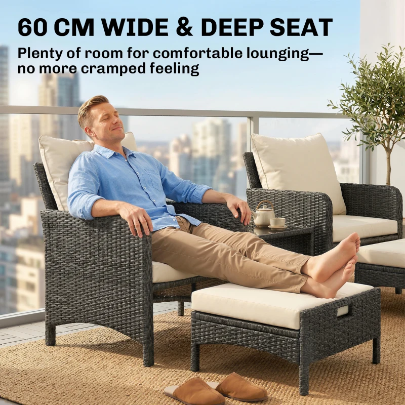 Outsunny 5 Piece Patio Furniture Set, Wicker Outdoor Furniture Set, 23.6" Seat, Ottomans, Glass Table, Cushions, Beige