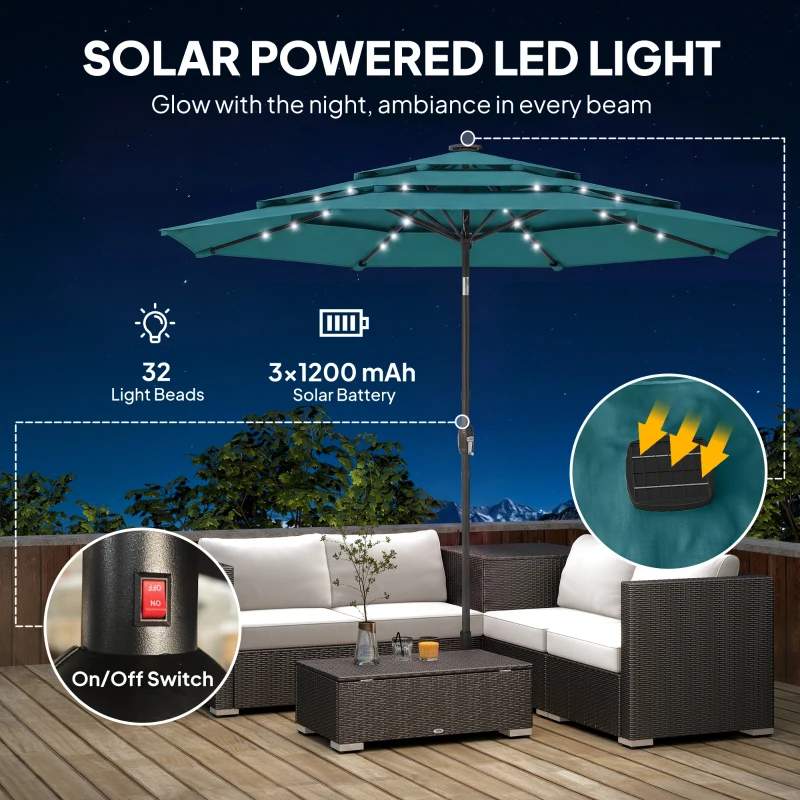 Outsunny 9.7 ft Outdoor Patio Umbrella with Solar LED Lights, 3 Tier Outdoor Table Umbrella with Tilt, Crank, Teal
