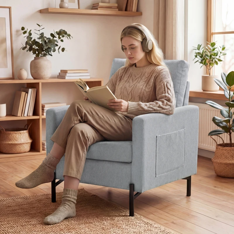 HOMCOM Accent Chair Modern Upholstered Armchair with Side Pockets and Cushion for Bedroom, Living Room, Light Grey