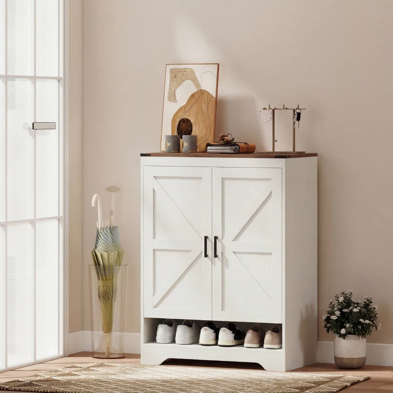 HOMCOM 5-Tier Shoe Storage Cabinet for 15 Pairs, Freestanding Farmhouse Shoe Cabinet, White