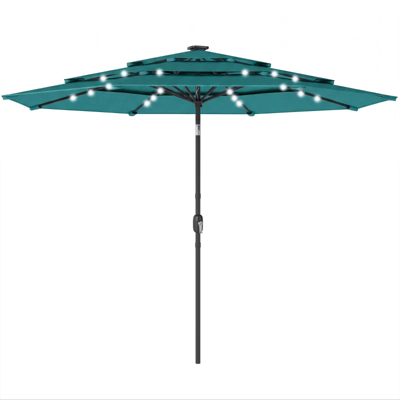 Outsunny 9.7 ft Outdoor Patio Umbrella with Solar LED Lights, 3 Tier Outdoor Table Umbrella with Tilt, Crank, Teal
