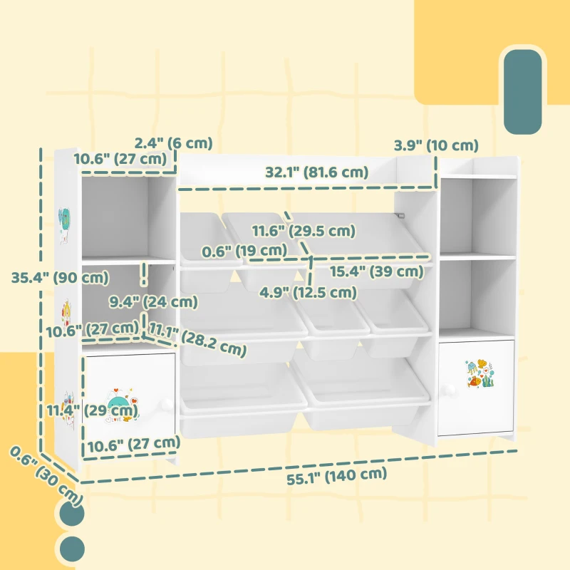 Qaba Kids Toy Organizers and Storage with 8 Removable Storage Bins and Bookshelf, White