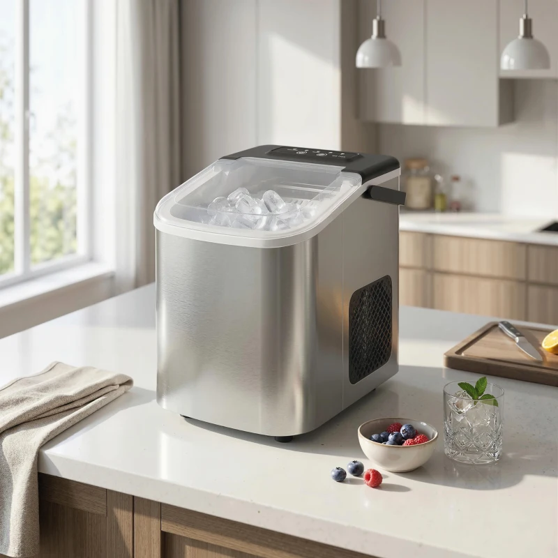 HOMCOM Portable Ice Maker Countertop, Self-Cleaning Ice Machine with 2 Bullet Ice Sizes, Ice Scoop, Silver