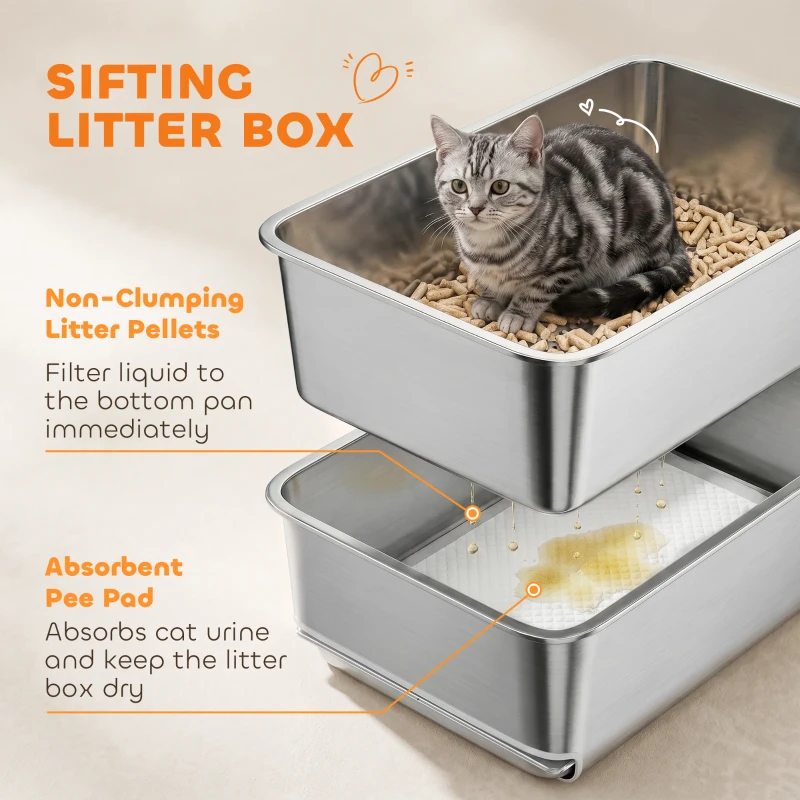 PawHut Stainless Steel Litter Box, XL Sifting Cat Litter Box for Medium, Large Cat, Non-Sticky, Odour Free, Easy Clean, Silver