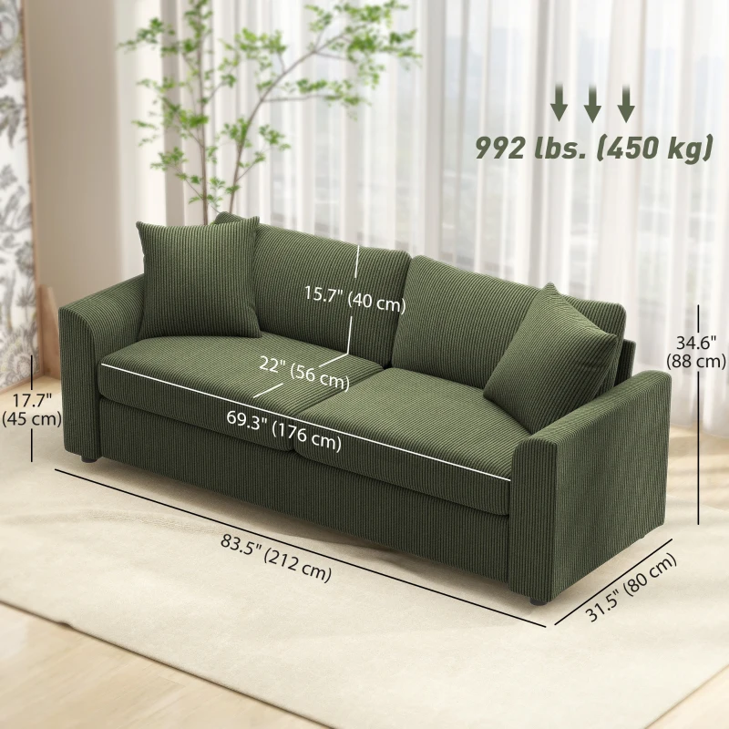 HOMCOM 3 Seater Sofa, 83.5" Modern Upholstered Couch with Pocket Spring and 2 Scatter Cushions for Living Room, Green