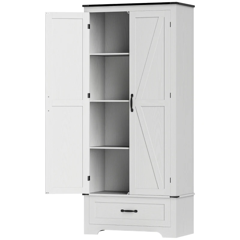 HOMCOM 72" Farmhouse Pantry Cabinet with Adjustable Shelves, Kitchen Pantry Cabinet with 2 Doors, White Wood Grain