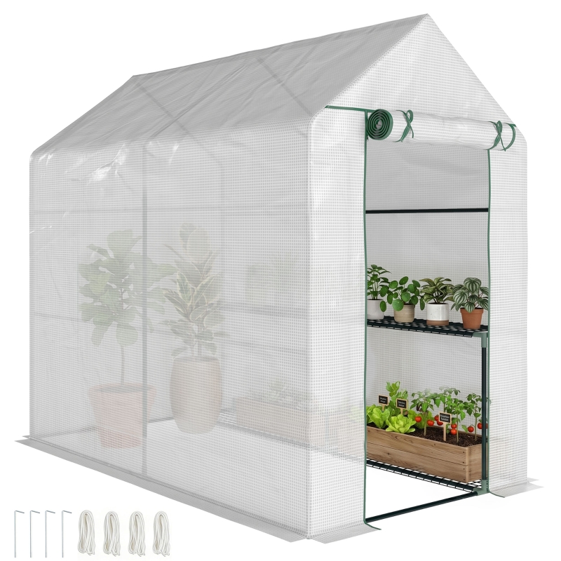Outsunny 47.25" x 73.25" x 74.25" Walk-in Greenhouse, Outdoor Portable Green House with 4 Shelves, Plant Flower Growing Warm House with Roll-up Door, White