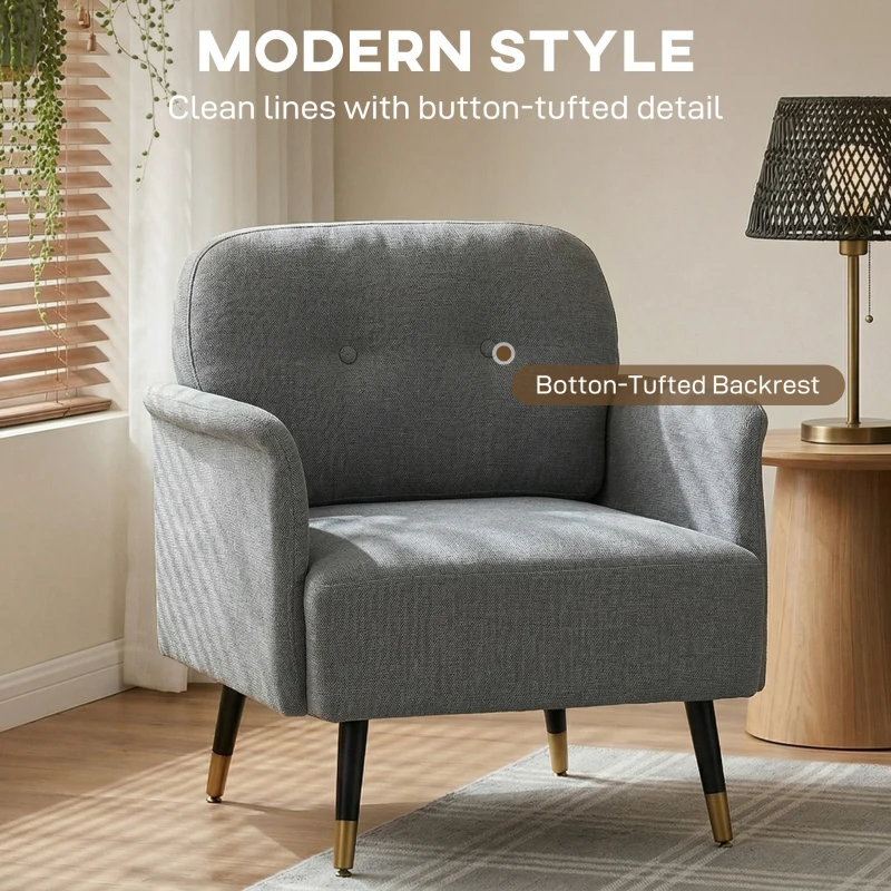 HOMCOM Accent Chair Modern Tufted with Metal Legs Upholstered Reading Armchair for Living Room Grey