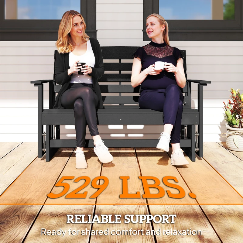 Outsunny Patio Glider Bench w/ HDPE Slatted Double Rocking Chair, Black