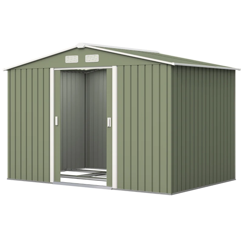 Outsunny 9' x 6' Outdoor Storage Shed, Garden Tool Metal Shed with Foundation Kit, Double Lockable Door, Air Vents and Sloping Roof, for Backyard, Patio, Lawn, Green