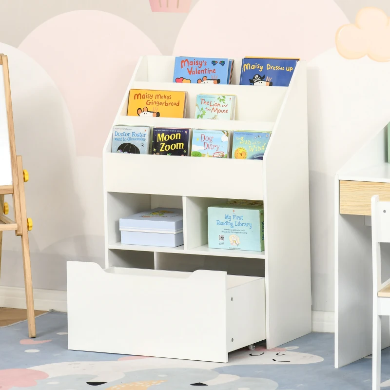 HOMCOM Kids Bookshelf Bookcase, Montessori-Inspired Multi-Shelf Rack Organizer with Moveable Drawer for Books for Reading Nook, Classroom, Bedroom, Playroom, White