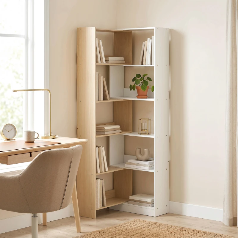 HOMCOM Corner Bookshelf, 5-Tier L-Shaped Bookcase with 350° Rotating Design, Two-Tone Design, Fruitwood/White