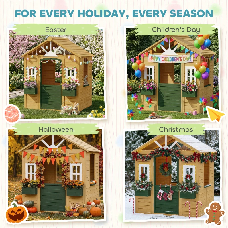 Qaba Outdoor Playhouse, Wooden Kids Playhouse with Door, 3 Windows, 2 Flower Boxes for Garden, Indoor Playroom, Ages 3–8