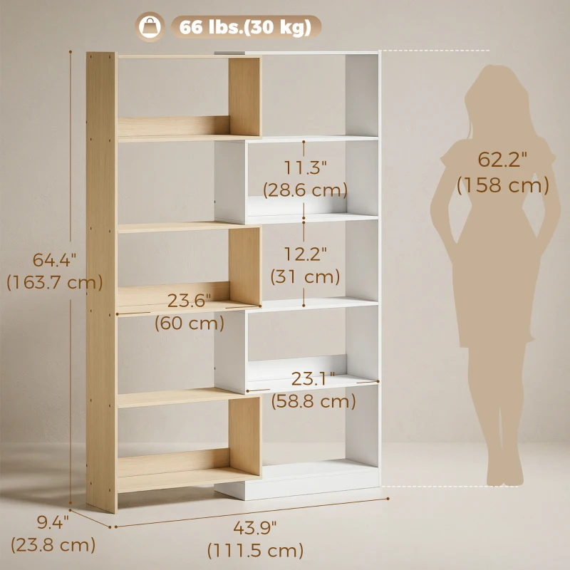 HOMCOM Corner Bookshelf, 5-Tier L-Shaped Bookcase with 350° Rotating Design, Two-Tone Design, Fruitwood/White