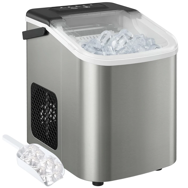 HOMCOM Portable Ice Maker Countertop, Self-Cleaning Ice Machine with 2 Bullet Ice Sizes, Ice Scoop, Silver