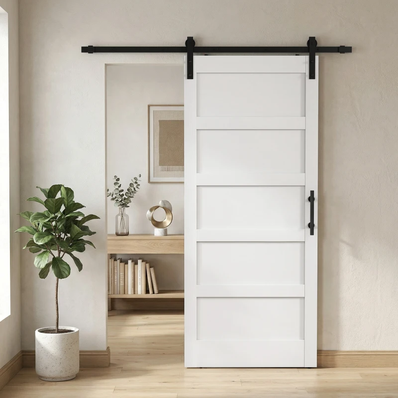 HOMCOM 36"x84" Sliding Barn Door with Hardware Kit, Shaker Style Sliding Door with Handle, Track, Floor Guide, White Wood Grain