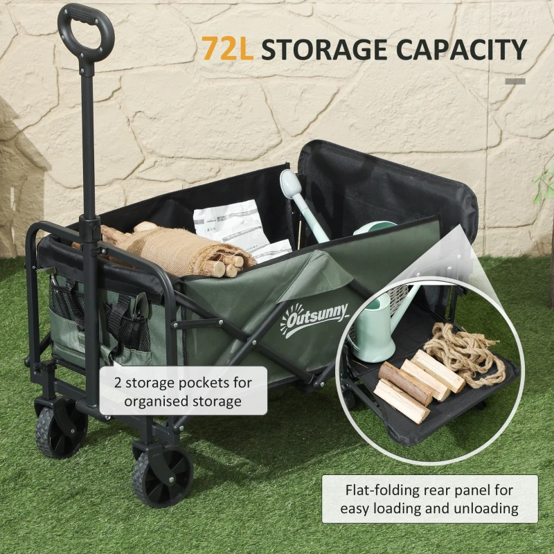 Outsunny Wagon Cart Foldable, Collapsible Wagon Cart with Removable Liner, Handle, Wheels, 72L & 198 LBS Capacity, Green