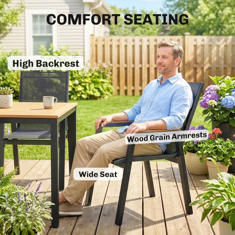 Outsunny 7 Piece Outdoor Dining Set, Rectangle Patio Table and 6 Mesh Chairs with Slatted Tabletop for Backyard, Deck, Garden