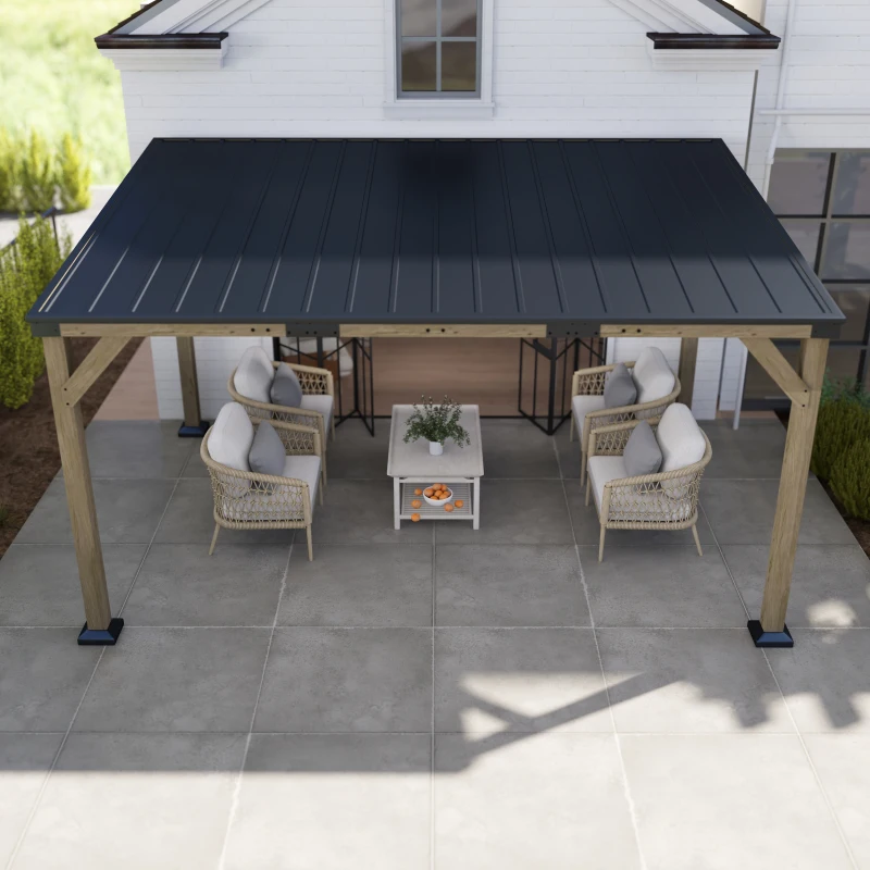 Outsunny 14' x 10' Gazebo, Lean to Galvanized Steel Hardtop Gazebo Pergola with Wood Frame, Patio Gazebo Awning, Dark Grey