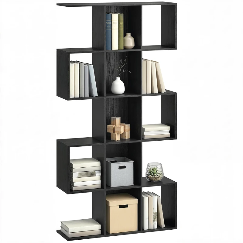 HOMCOM 5-Tier Bookshelf, S Shaped Geometric Bookcase with 15 Compartments, Black Wood Grain