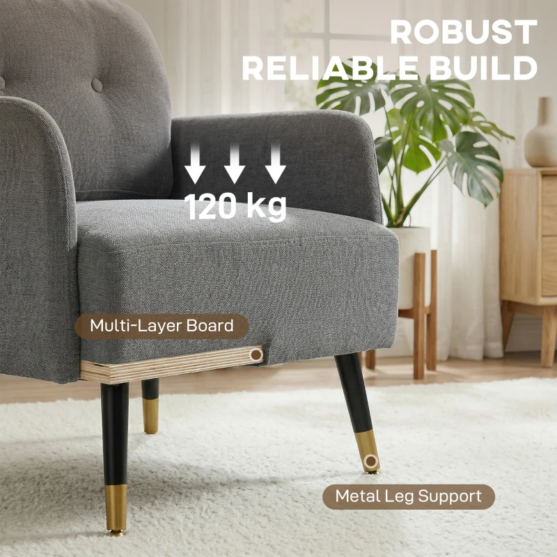HOMCOM Accent Chair Modern Tufted with Metal Legs Upholstered Reading Armchair for Living Room Grey