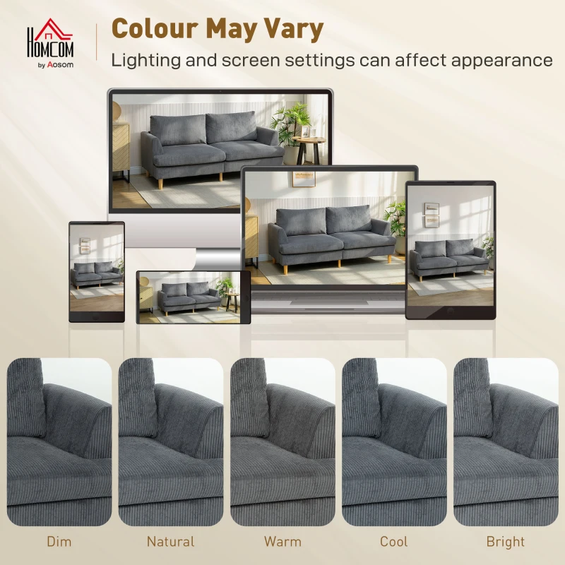 HOMCOM 3 Seater Sofa, 74" Modern Corduroy Upholstered Couch with Thick Spring Cushions, Solid Wood Legs, Armrests, Dark Grey