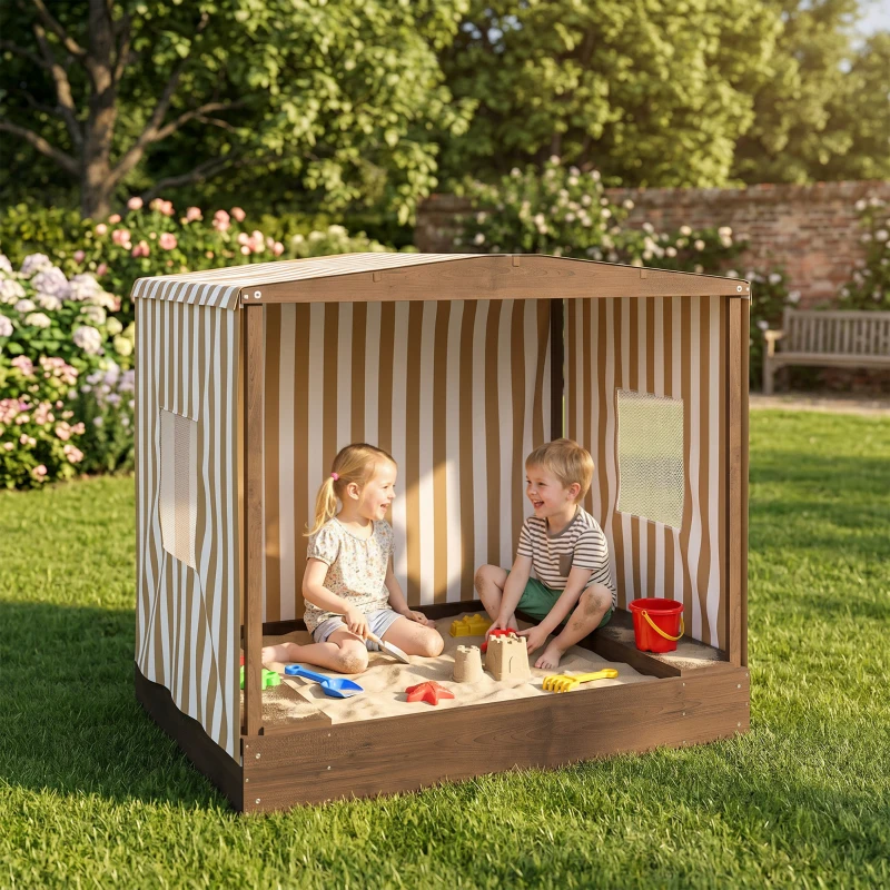 Qaba Kids Sandbox with Full Covered Canopy, Bench Seats, Bottom Liner, for Ages 3-6, 56" x 40" x 52", Brown