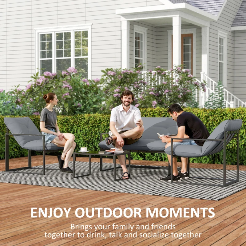 Outsunny 4 Piece Outdoor Furniture Set, Patio Conversation Set with Tempered Glass Table, Loveseat, 2 Chairs and Cushions, Grey