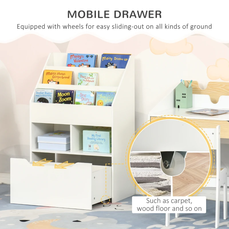HOMCOM Kids Bookshelf Bookcase, Montessori-Inspired Multi-Shelf Rack Organizer with Moveable Drawer for Books for Reading Nook, Classroom, Bedroom, Playroom, White