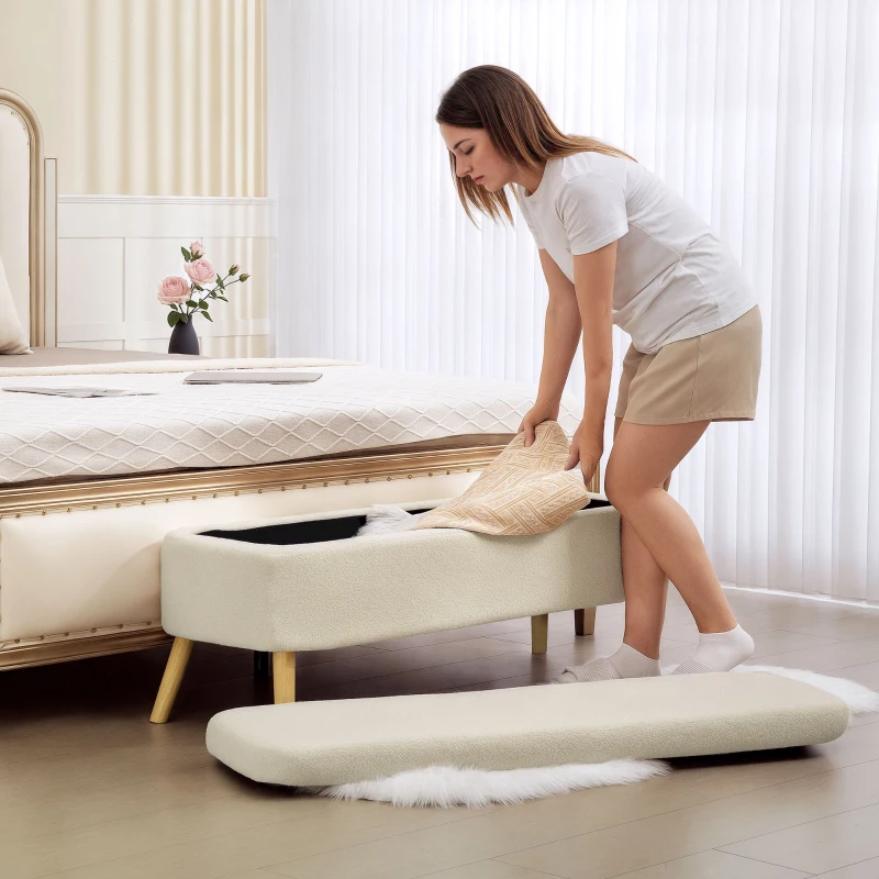 HOMCOM 47 Inches Storage Ottoman Bench, End of Bed Bench, Upholstered Teddy Fleece Storage Chest for Living Room, Beige