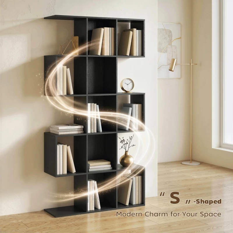 HOMCOM 5-Tier Bookshelf, S Shaped Geometric Bookcase with 15 Compartments, Black Wood Grain