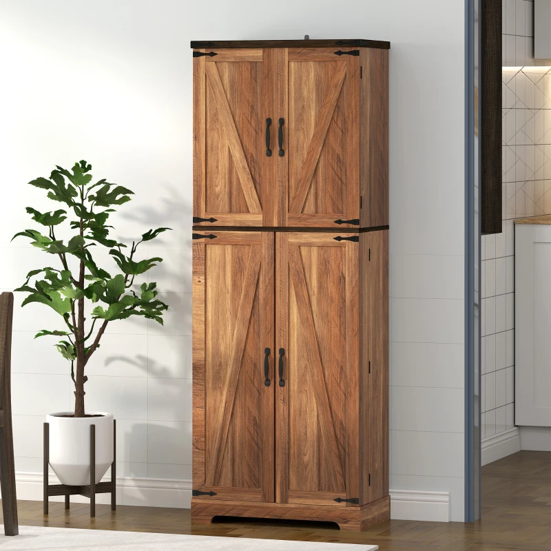 HOMCOM 64" Tall Kitchen Pantry Cabinet with Spice Racks and Adjustable Shelves, Brown Wood Grain