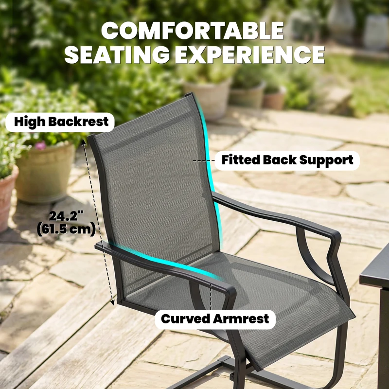 Outsunny C Spring Motion Patio Chairs Set of 2 with Curved High Backrest, Armrest, All Weather Breathable Fabric, Metal Frame
