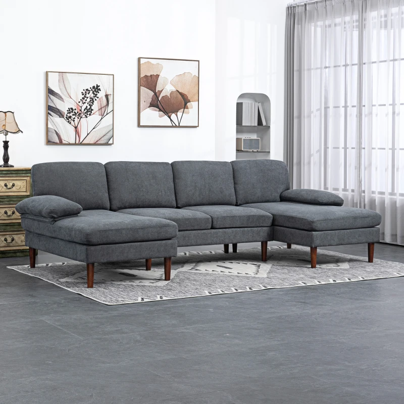 HOMCOM U Shape Couch with Double Chaise Lounge, Modern 4 Seater Sofa with Wooden Legs, Fabric Sofa for Living Room, Dark Grey