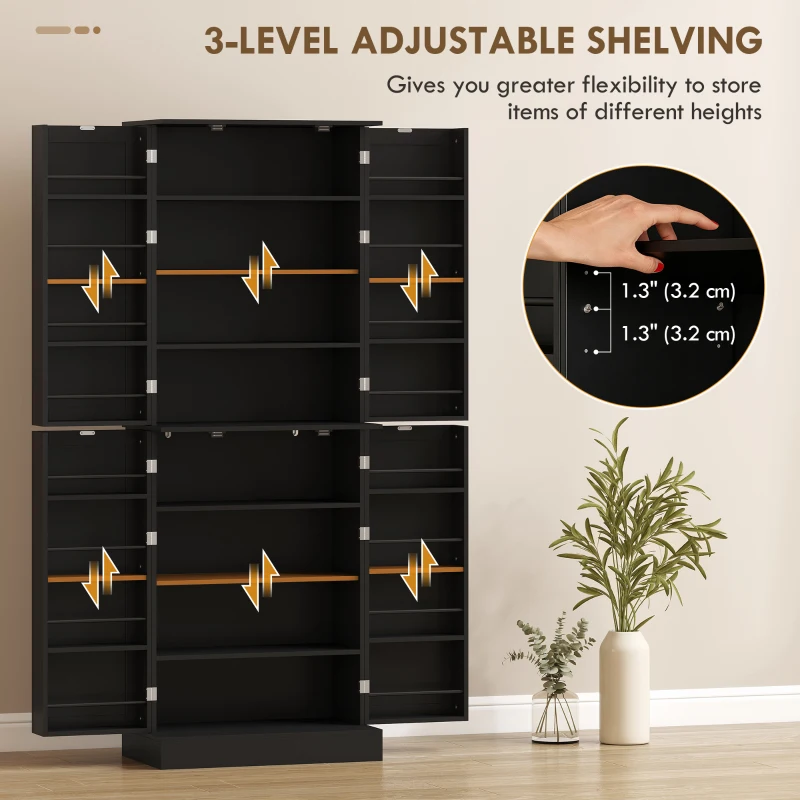 HOMCOM 65" Kitchen Cabinet, Kitchen Pantry Cabinet with 4 Doors and 16 Door Shelves for Dining Room, Black