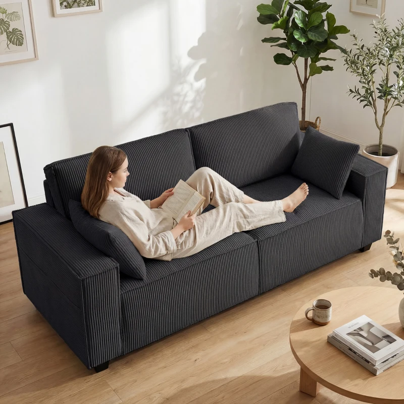 HOMCOM 86" 3 Seater Sofa, Modern Corduroy Upholstered Couch, Dark Grey